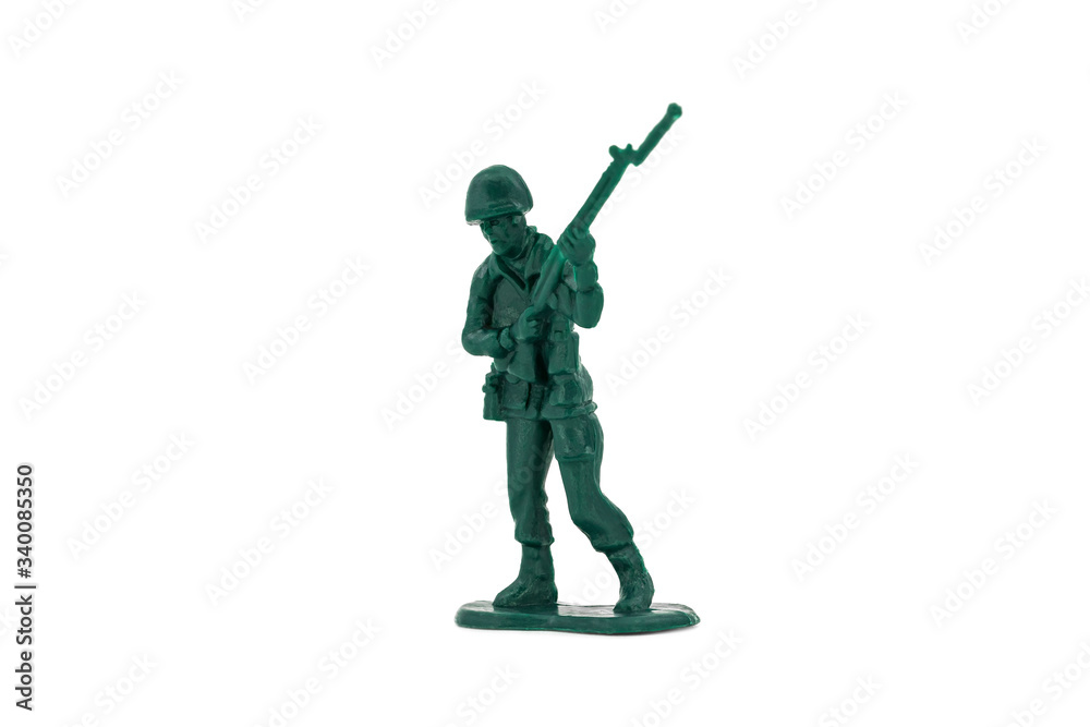 Green toy soldiers on white background. Soldier four on six models. (4/