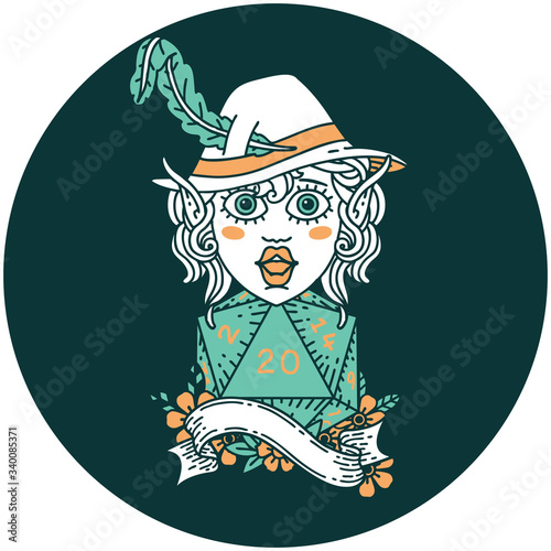 elf bard with natural twenty dice roll icon