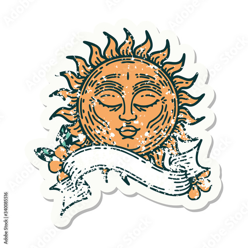 grunge sticker with banner of a sun