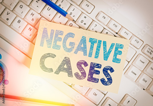 Writing note showing Negative Cases. Business concept for circumstances or conditions that are confurmed to be false White pc keyboard note paper and paper clips above white background photo