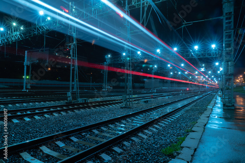 Long-exposure photograph night rail way .Moscow
