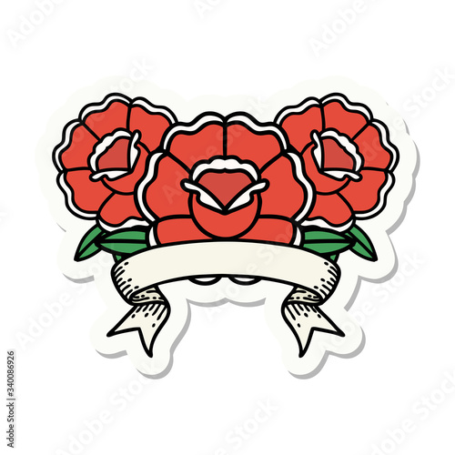tattoo sticker with banner of a bouquet of flowers
