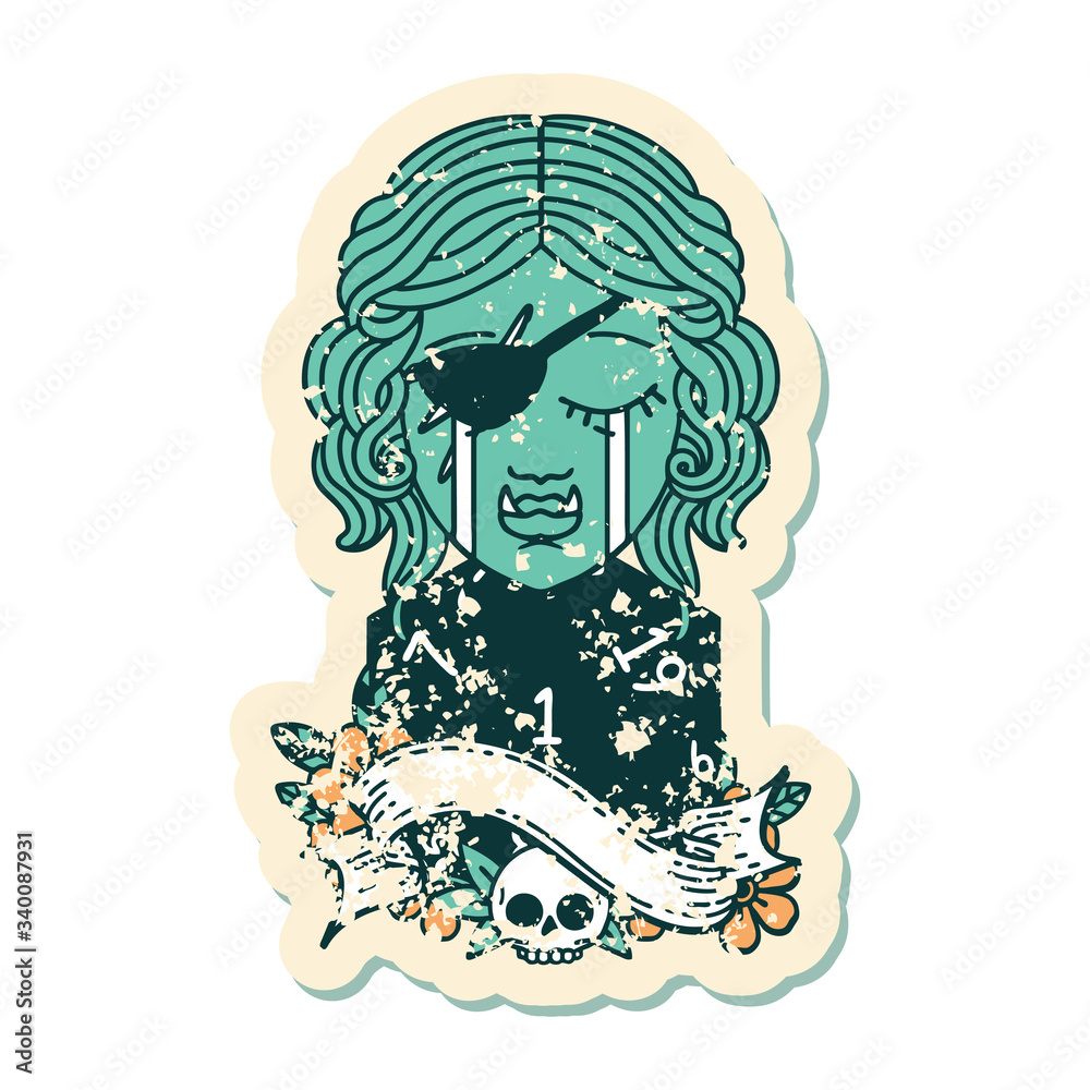 crying orc rogue character face with natural one D20 roll illustration crying orc rogue character face with natural one D20 roll illustration