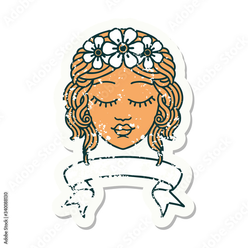 grunge sticker with banner of female face with eyes closed