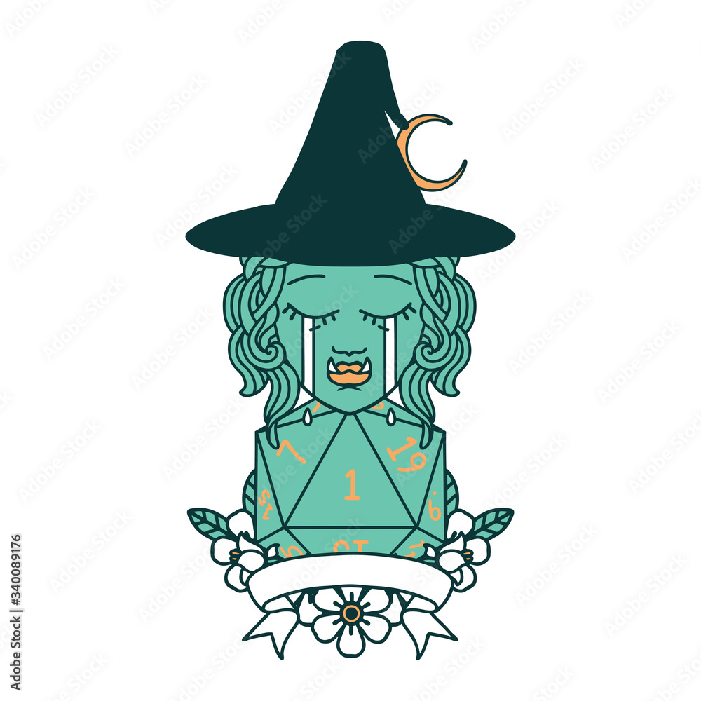 crying half orc witch character with natural one roll illustration crying half orc witch character with natural one roll illustration