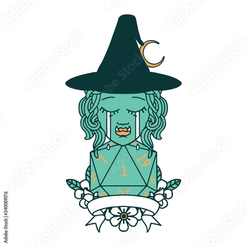 crying half orc witch character with natural one roll illustration