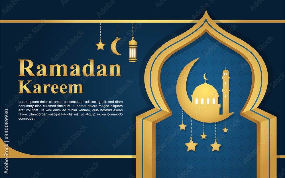 Fototapeta premium Ramadan Kareem islamic design crescent moon and mosque dome silhouette.