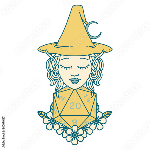 elf mage character with natural twenty dice roll illustration