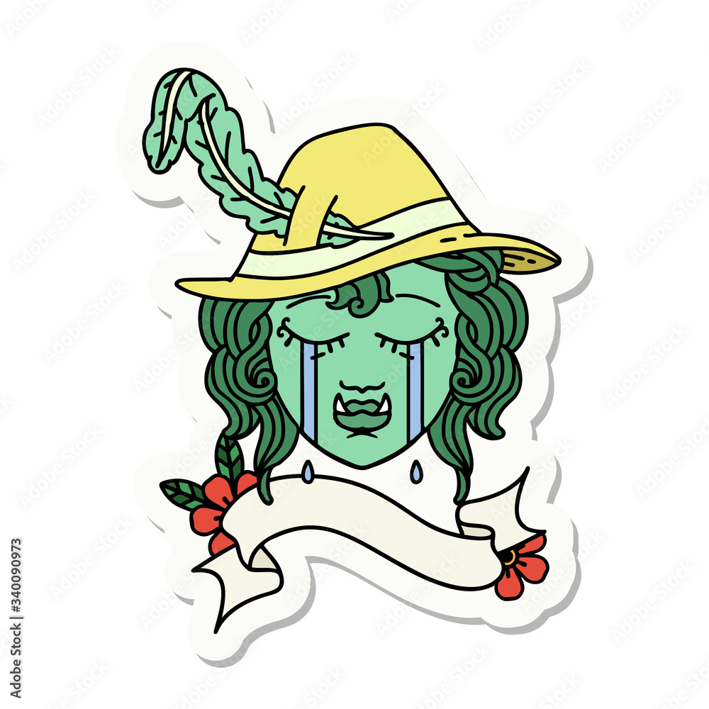 crying half orc bard character face sticker