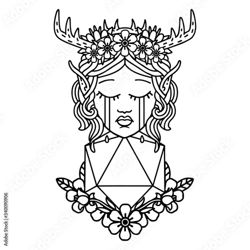 crying elf druid character face with natural one D20 roll illustration