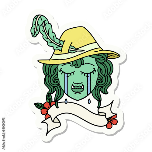 crying half orc bard character face sticker
