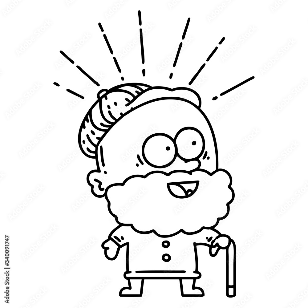 traditional black line work tattoo style happy old man with walking stick traditional black line work tattoo style happy old man with walking stick