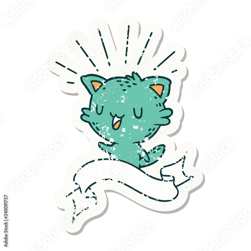 grunge sticker of tattoo style happy cat
