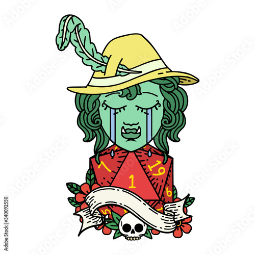 crying orc bard character with natural one D20 roll illustration