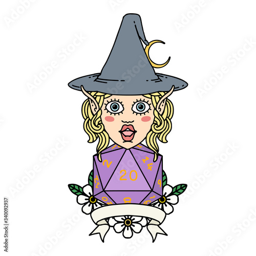 elf mage character with natural twenty dice roll illustration