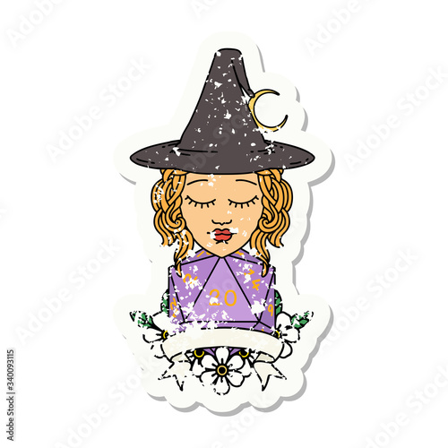 human witch with natural twenty dice roll illustration