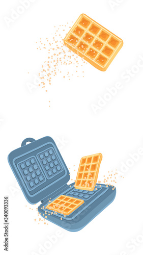 Modern cover with waffle maker for web banner design. Cooking belgian waffles vector illustration isolated on white background. Flying Waffle iron with copy space kitchen poster. Vertical concept