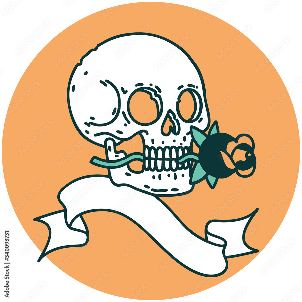 icon with banner of a skull and rose icon with banner of a skull and rose