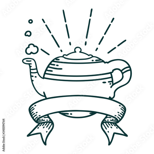 banner with tattoo style steaming teapot