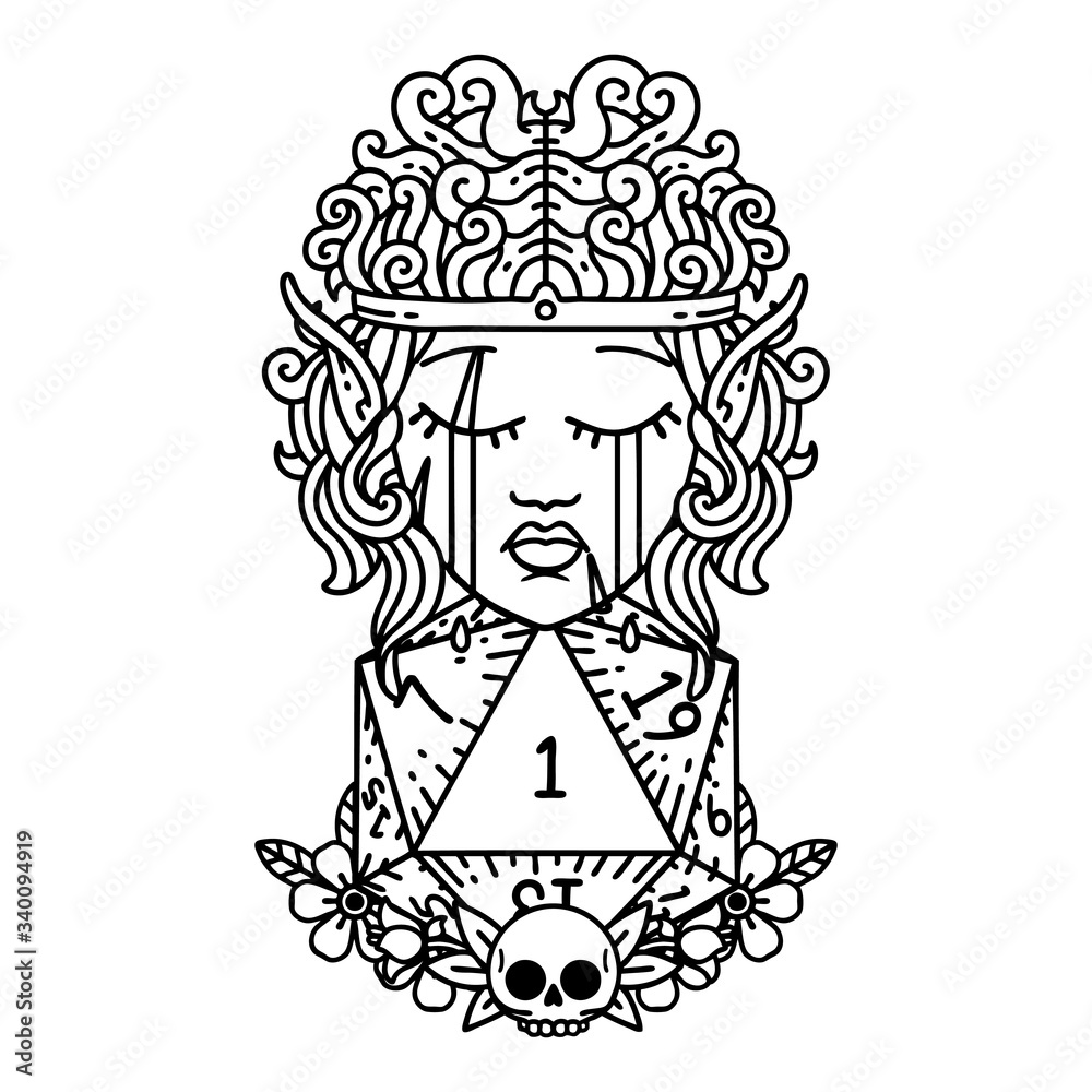 crying elf barbarian character with natural one D20 roll illustration crying elf barbarian character with natural one D20 roll illustration