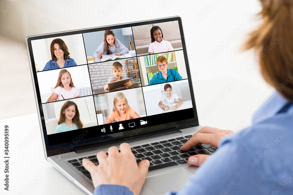 Woman Video Chatting On Laptop - obrazy, fototapety, plakaty 