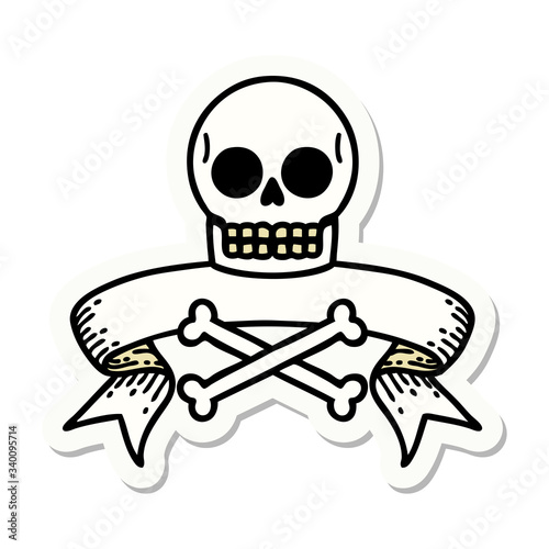 tattoo sticker with banner of a skull and bones