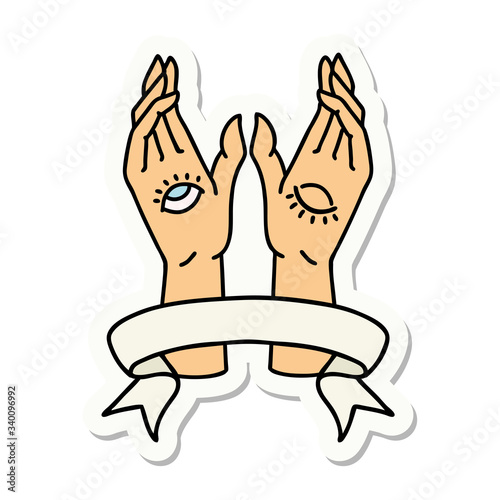 tattoo sticker with banner of mystic hands
