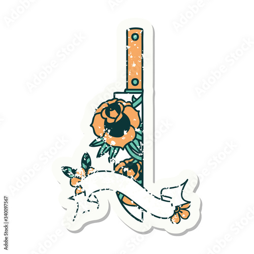 grunge sticker with banner of a dagger and flowers