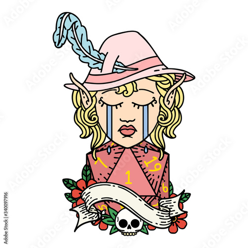 crying elf bard character face with natural one d20 dice roll illustration
