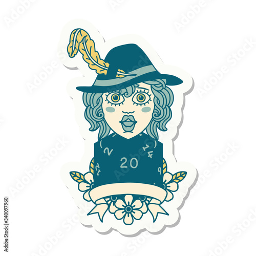 human bard character with natural 20 dice roll sticker