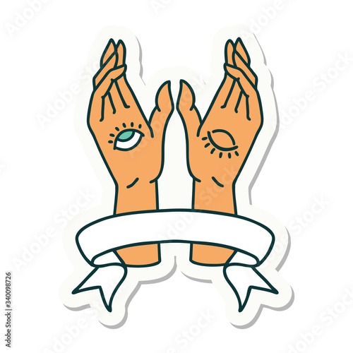 tattoo sticker with banner of mystic hands