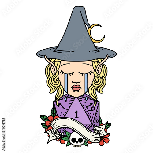 crying elf mage character face with natural one D20 roll illustration