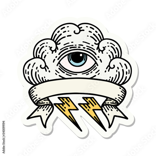 tattoo sticker with banner of an all seeing eye cloud