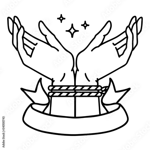 black linework tattoo with banner of a pair of tied hands