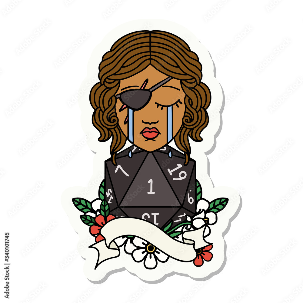 crying human rogue with natural one D20 roll sticker crying human rogue with natural one D20 roll sticker