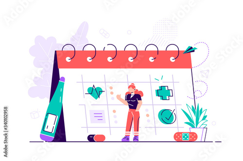 Young thoughtful man looking at giant calendar and choosing available date to visit physician. Doctor appointment scheduling. Health care or medical service. Modern flat cartoon vector illustration.