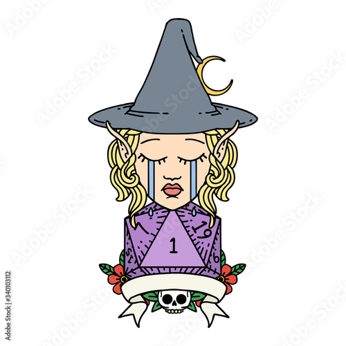 crying elf mage character with natural one dice roll illustration