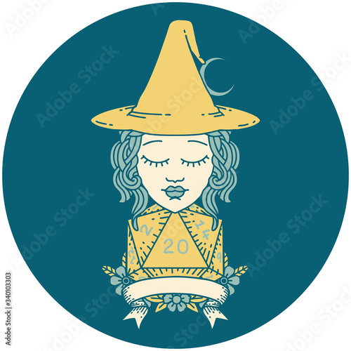 human witch with natural twenty dice roll illustration