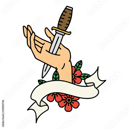 tattoo with banner of a dagger in the hand
