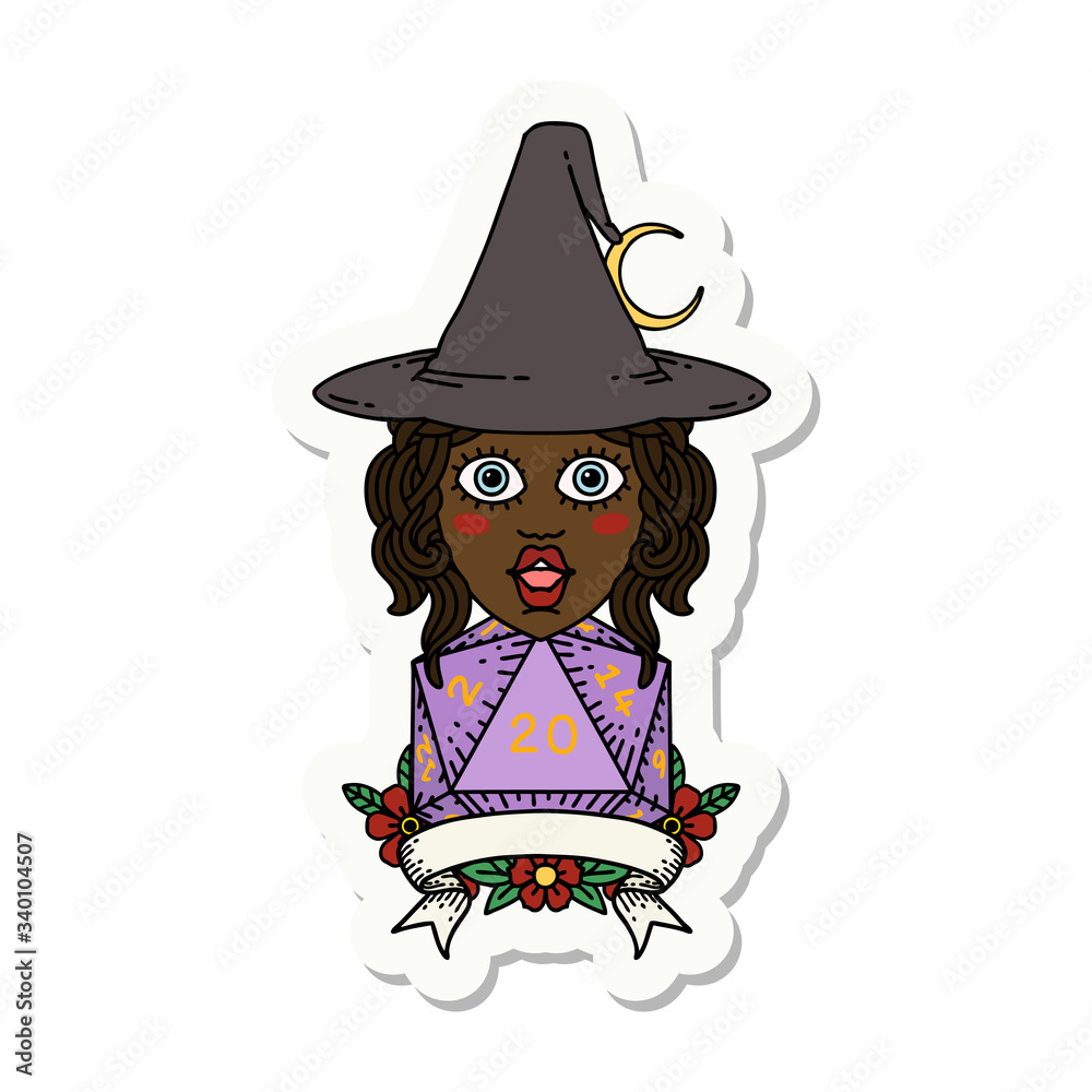 human witch with natural twenty dice roll sticker