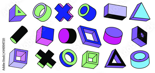 Set of simple geometic 3D elements in bauhaus neo-memphis retro style, colored in punchy pastel color scheme. Abstract geometric background for poster, cover, print.