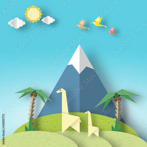 Paper Scene with Cutout Birds, Giraffe in a Desert.