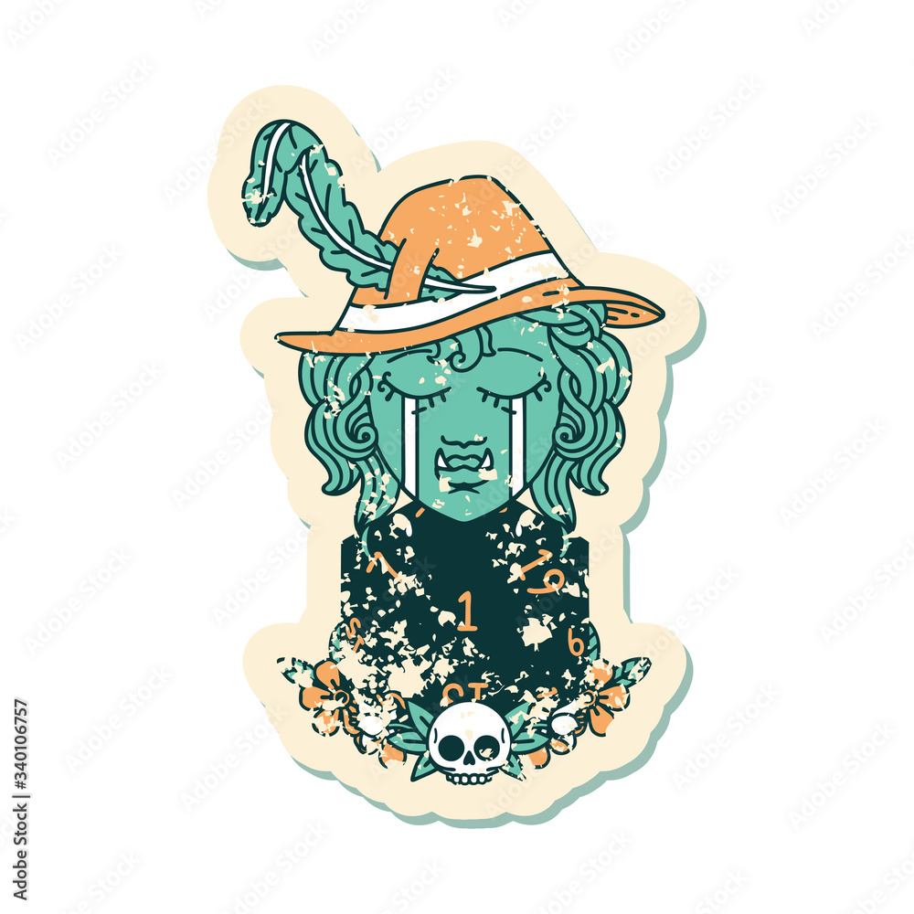 crying bard orc bard character with natural one D20 roll illustration