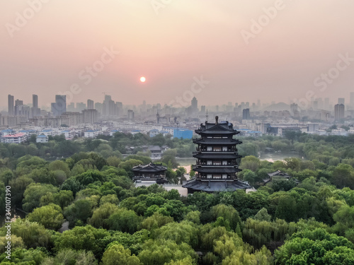 Aerial view of Chaoran Pagoda of Daming Lake Park in Jinan. This is a quite new building. 