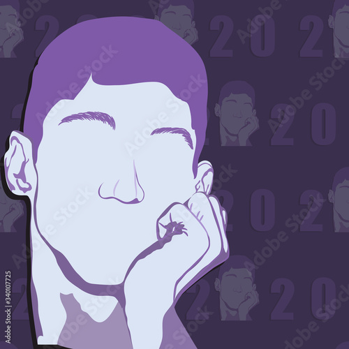 Sad/ depressed/worried young male/boy/man character drawing on a seamless pattern background. Banner/poster for joblessness due to recession caused by Coronavirus pandemic. Space for custom text. 
