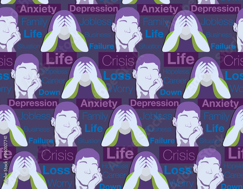 Expression of people with text describing extreme mental state, conceptual seamless pattern for banner/background or use on surface. 