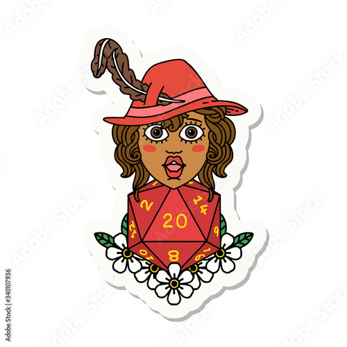 human bard with natural 20 dice roll sticker