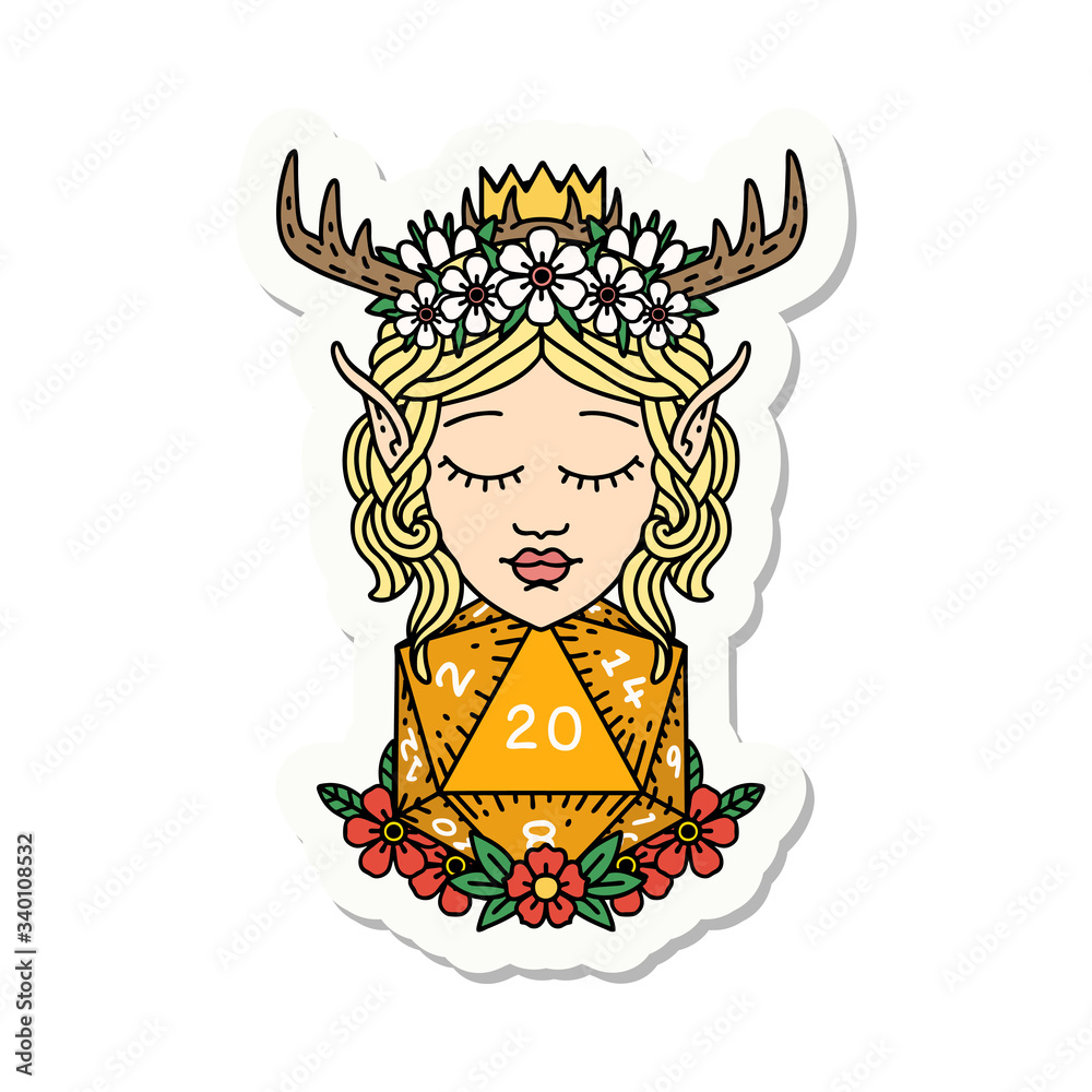 elf druid character with nautral twenty dice roll sticker elf druid character with nautral twenty dice roll sticker