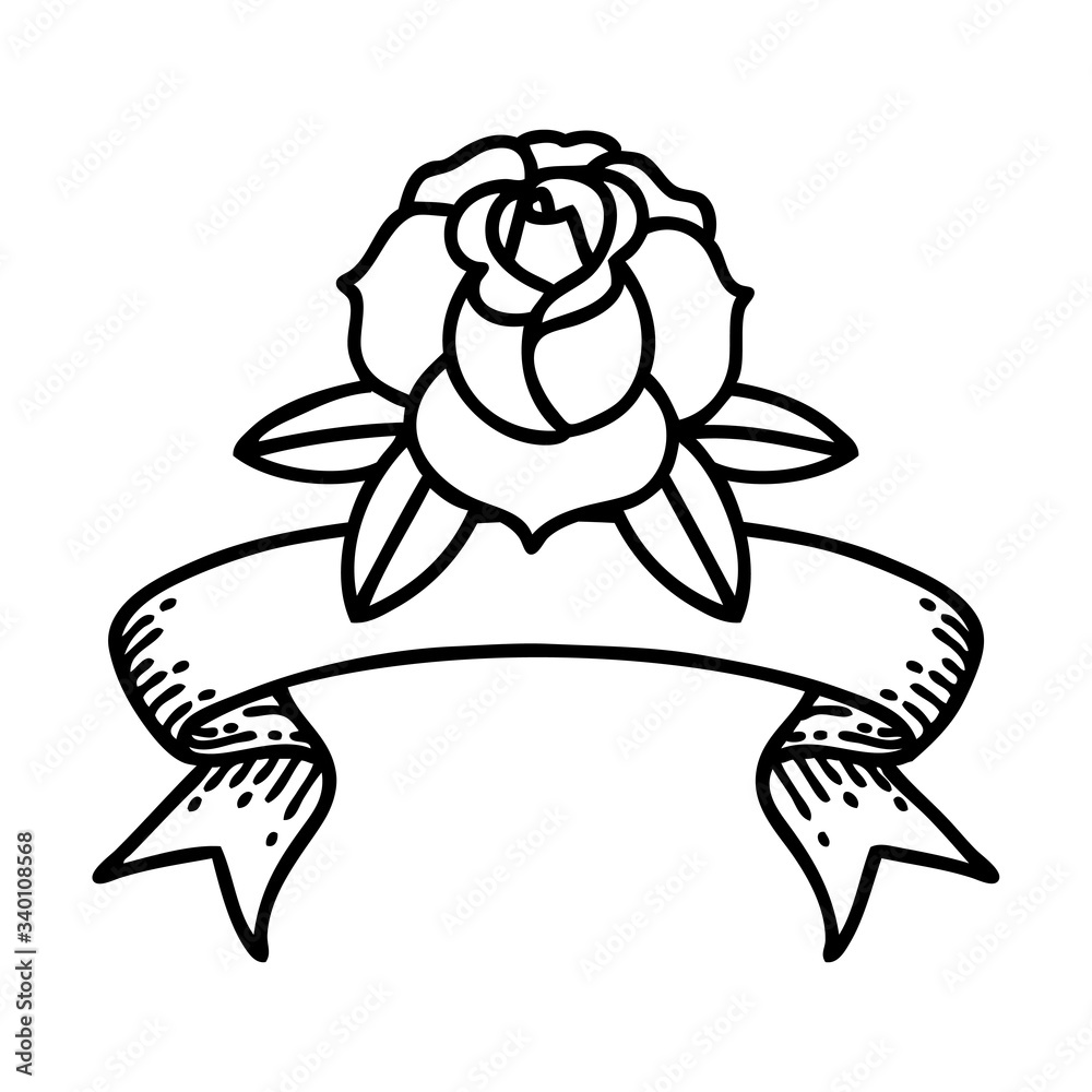 black linework tattoo with banner of a flower black linework tattoo with banner of a flower