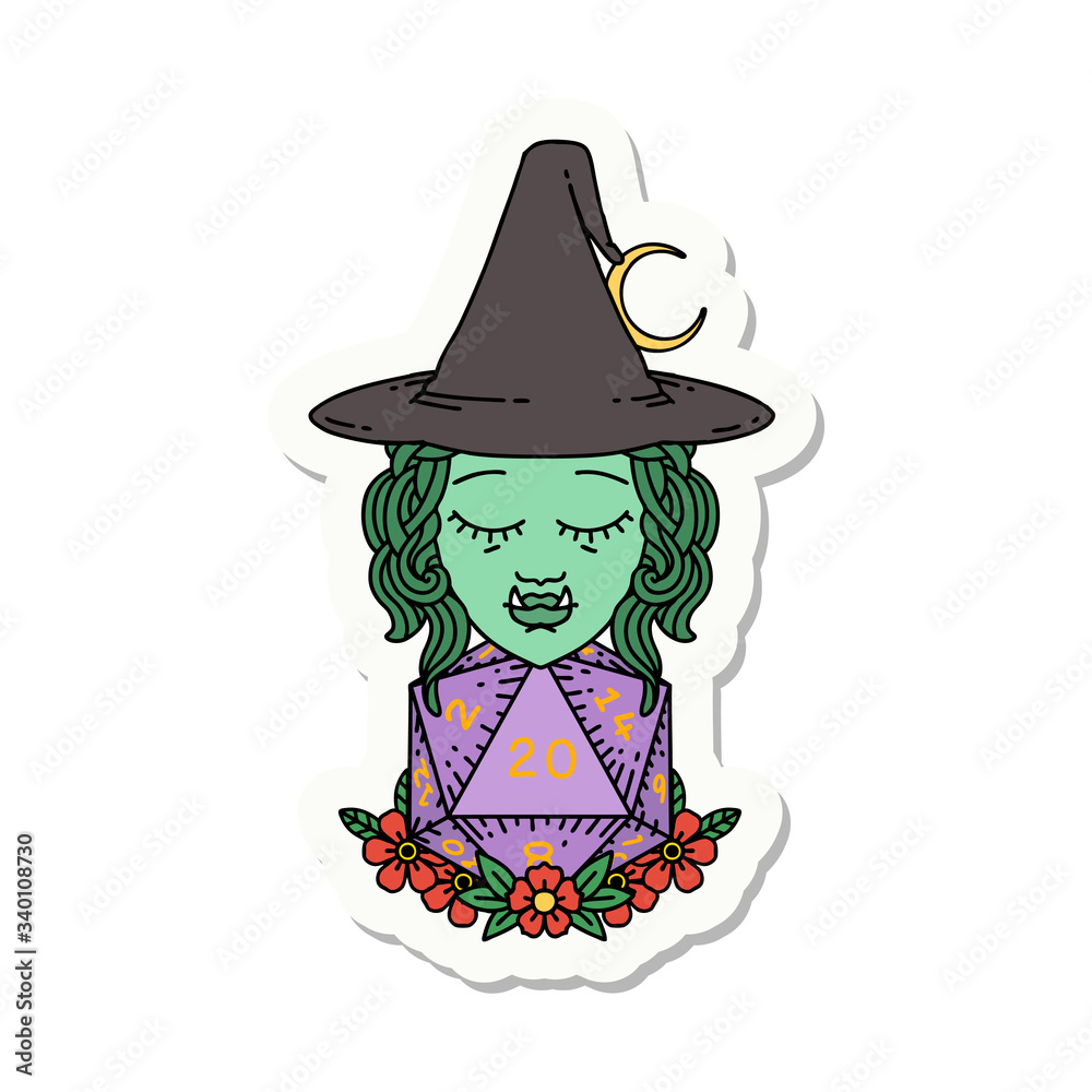 half orc wizard with natural twenty dice roll sticker